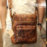 Túi đeo chéo nam Lano công sở da bò thật sang trọng gọn nhẹ KT100 nâu vàng - đeo trước