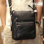 Túi đeo chéo nam Lano công sở da bò thật sang trọng gọn nhẹ KT100 đen - đeo trước