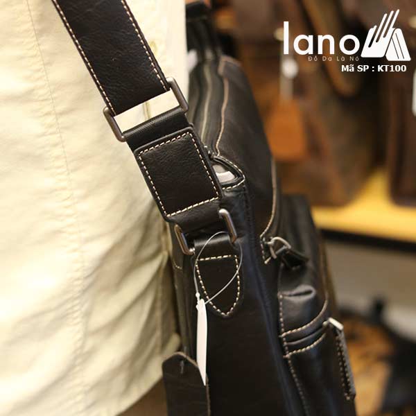 Túi đeo chéo nam Lano công sở da bò thật sang trọng gọn nhẹ KT100 đen - đeo chéo