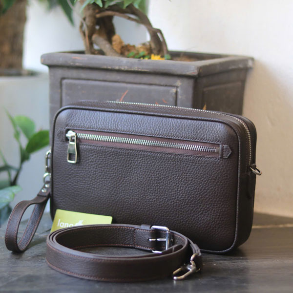 Clutch da thật cầm tay 1 khoá handmade khâu tay thủ công 100% Lano CLTK03 màu nâu cà phê