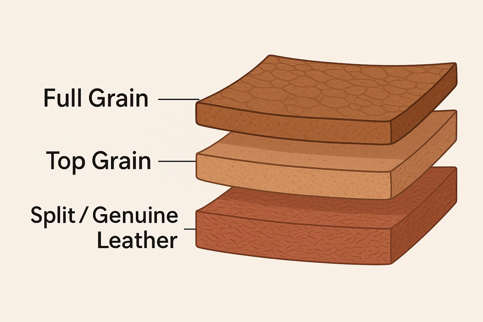 Sơ đồ mặt cắt phân biệt các lớp da bò: Full Grain, Top Grain và Genuine Leather