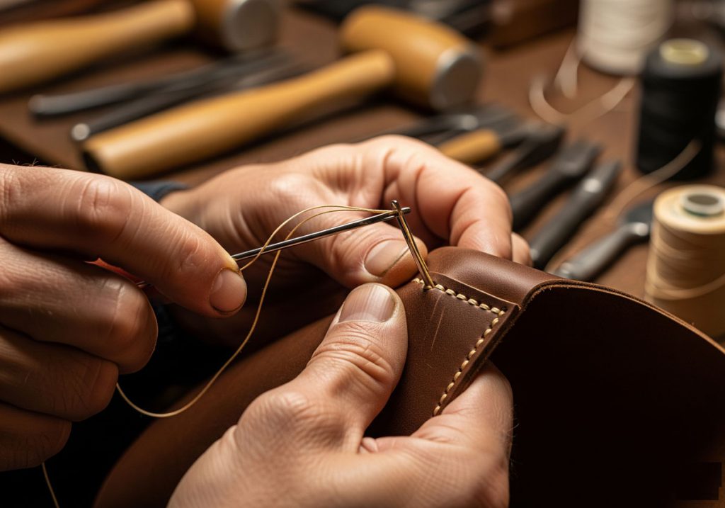 Quy trình chế tác handmade đồ da Thợ đang khâu tay và hoàn thiện mép da trong xưởng handmade.