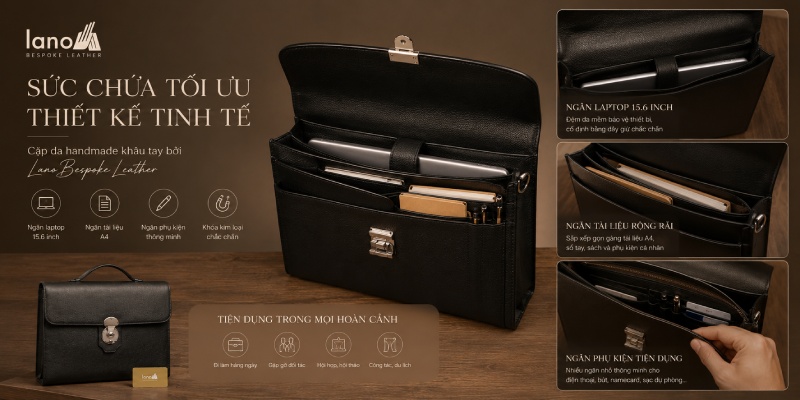 Cặp da handmade khâu tay có sức chứa tối ưu, thiết kế tinh tế
