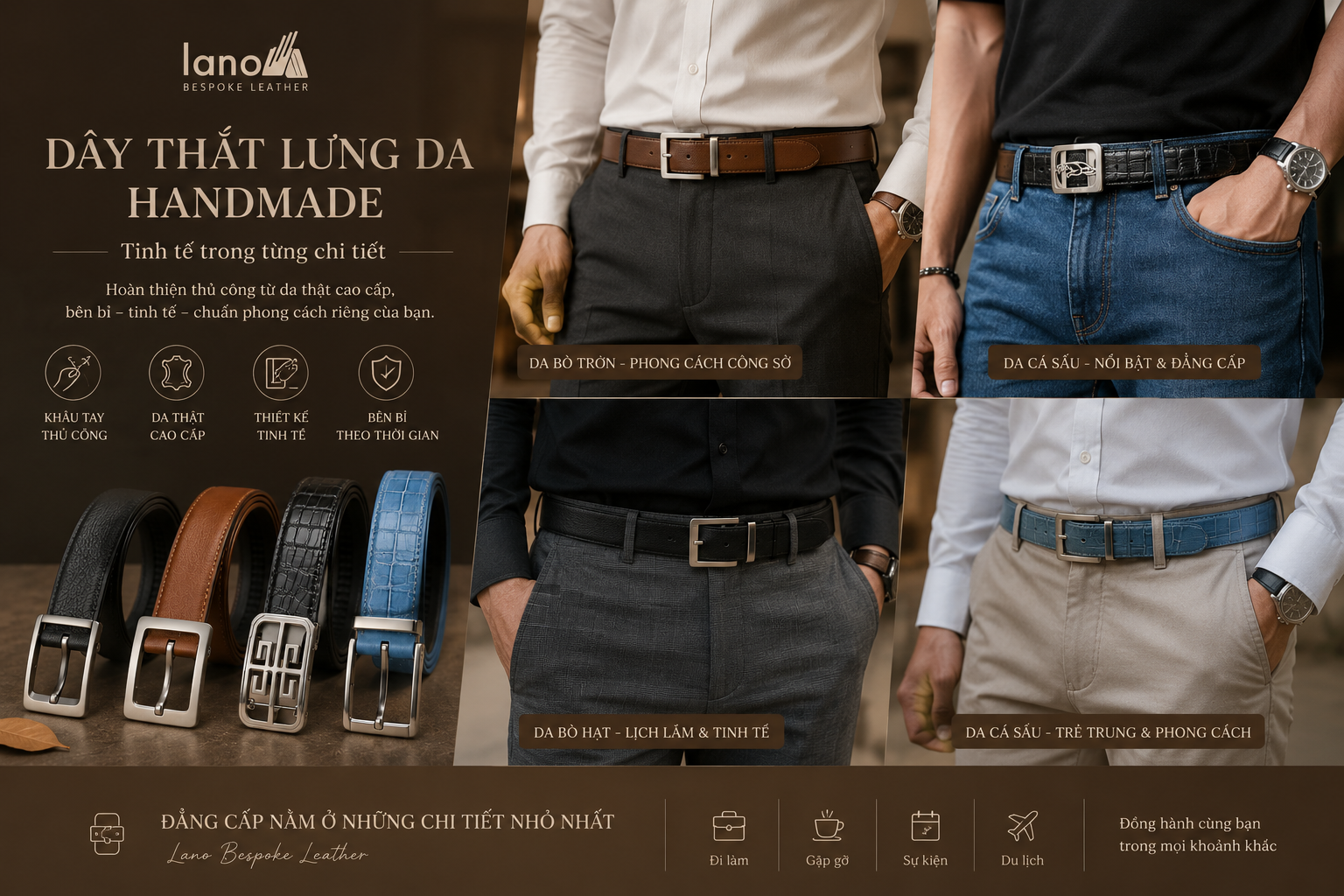 Dây thắt lưng da handmade thủ công tinh xảo kết hợp quần tây, quần jeans