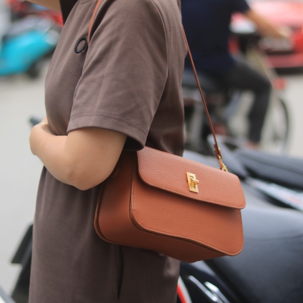 Túi da nữ handmade khâu tay da bò mil hàn quốc Lano TDH027 màu nâu vàng nhỏ gọn tiện lợi