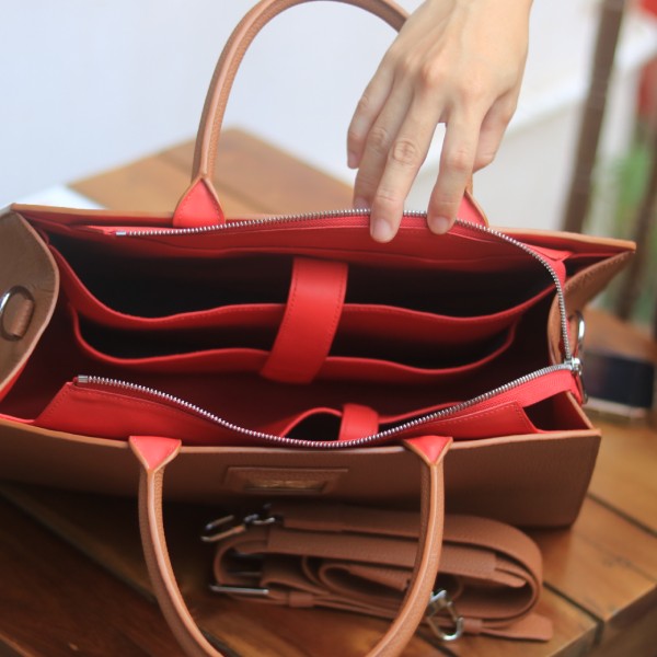 Túi tote work da bê togo Dupuy Pháp handmade khâu tay thủ công Lano TDH030 nôị thất rộng rãi da swift pomari màu đỏ